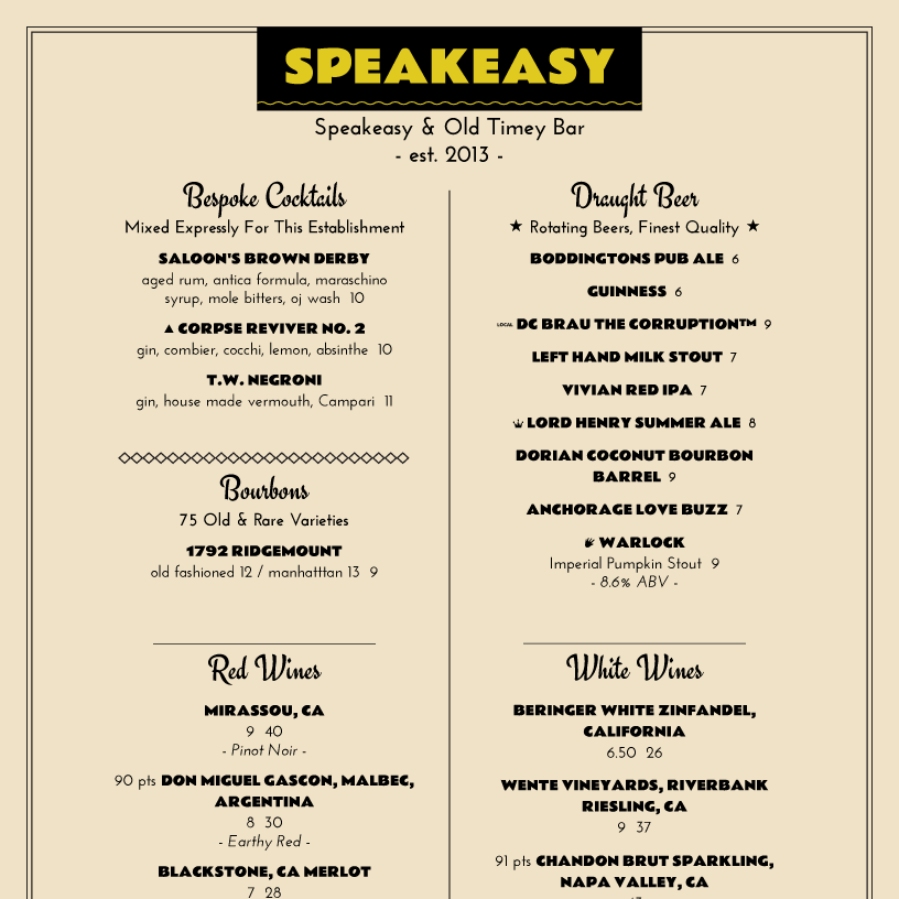 speakeasy menu design