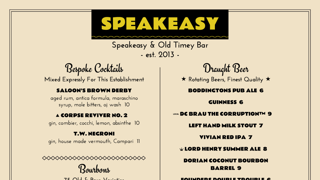 Speakeasy menu design