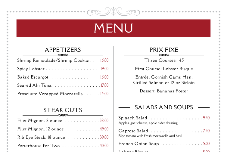 menu template steakhouse