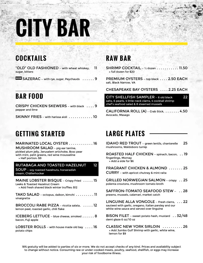 menu design City Bar