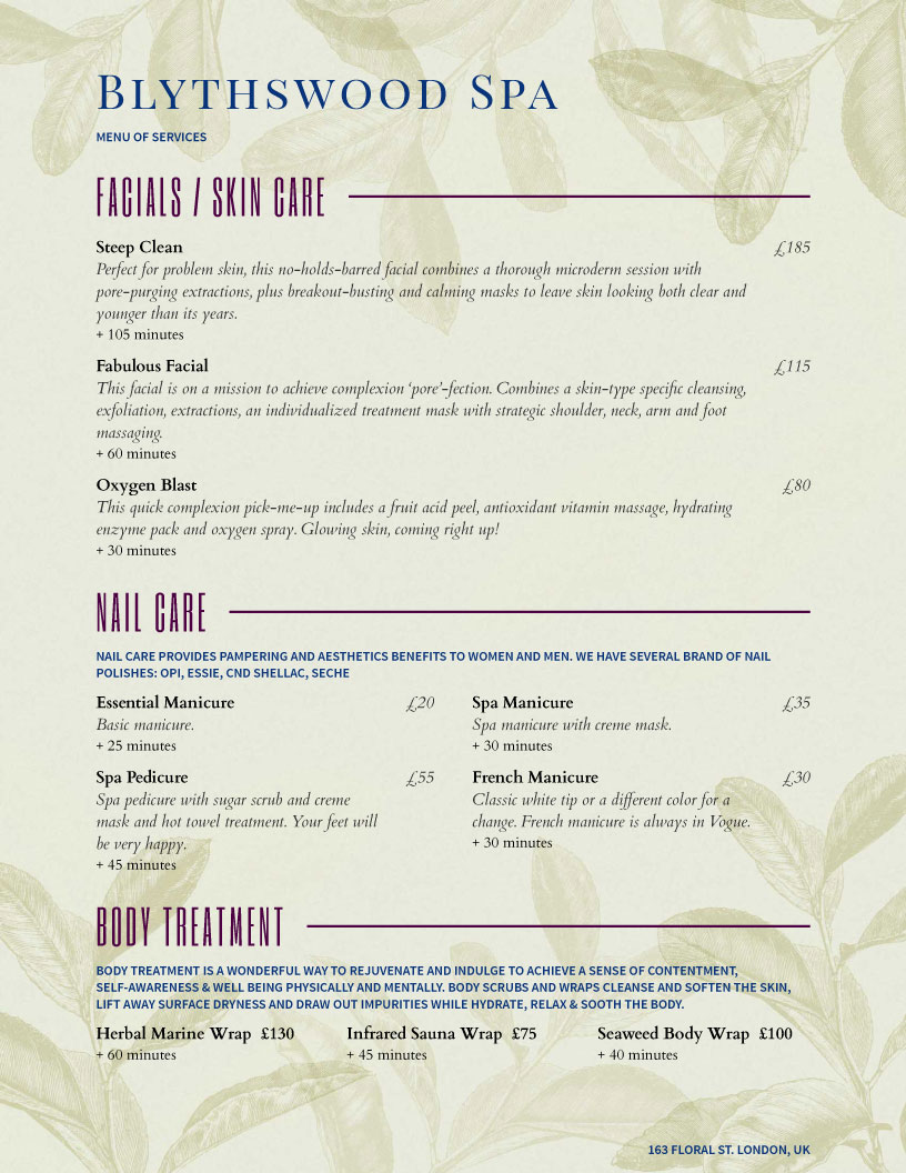 Spa Menu Of Services