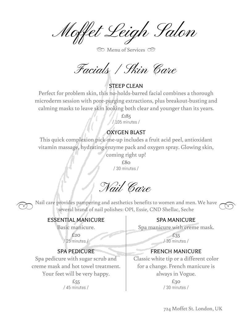 Salon Service Menu Template