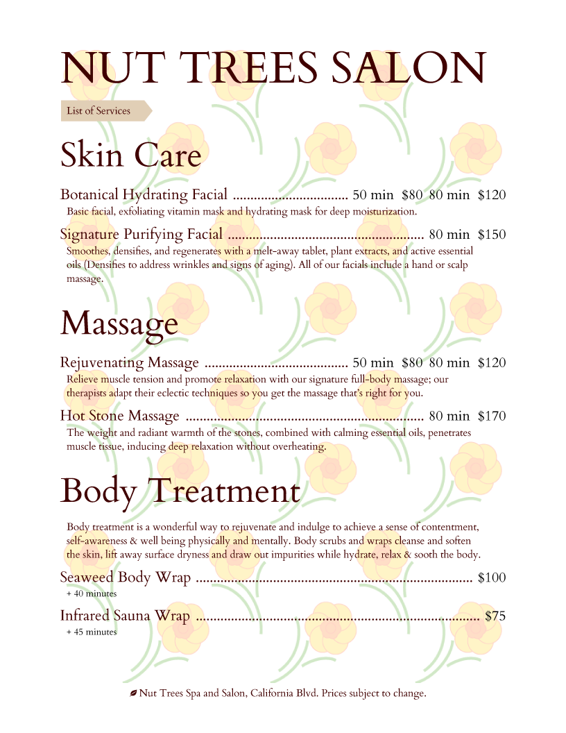 Spa Menu Templates and Designs from iMenuPro
