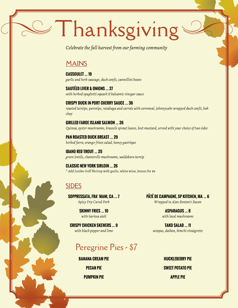 thanksgiving holiday menu